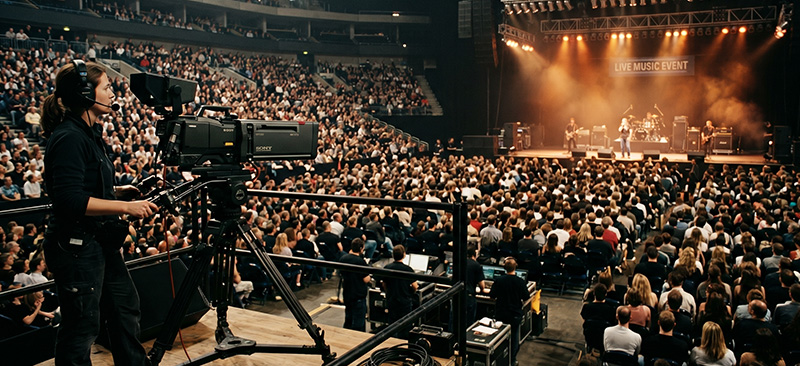 Camera operator filming a live concert before a large arena audience