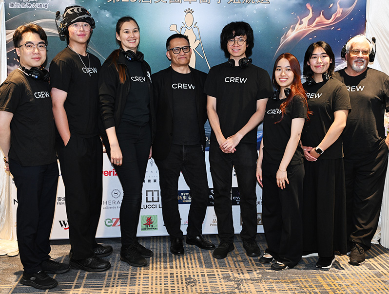 Eight-member DAV Production crew posing together at the Miss Chinese Beauty Pageant