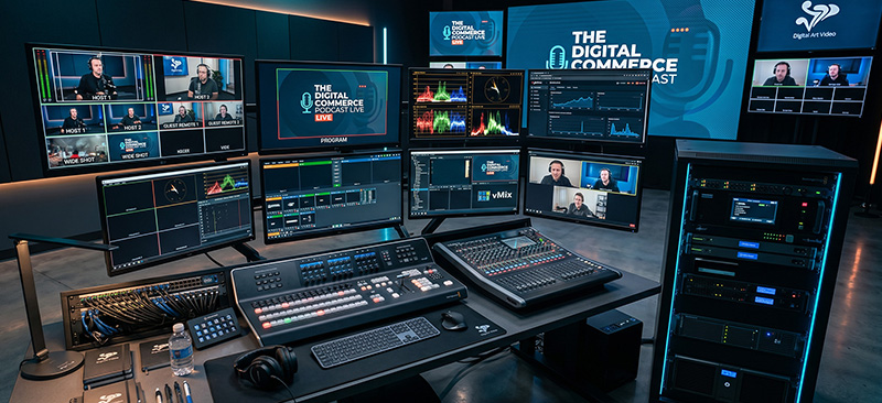 Virtual event control room with multiple monitors displaying hosts and remote guests