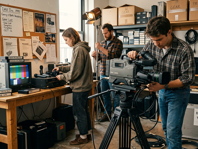 Video production crew preparing a professional broadcast camera and recording equipment