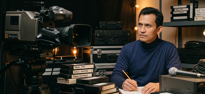 Producer reviewing notes beside a broadcast camera and archived production tapes