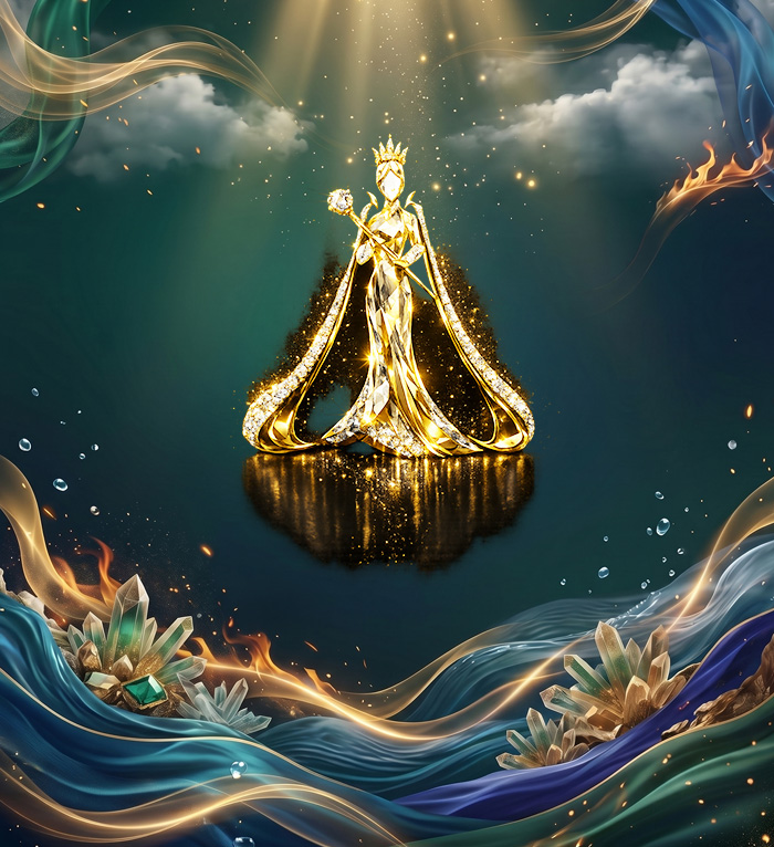 Golden Miss Chinese Beauty Pageant figure surrounded by flowing blue and gold artwork