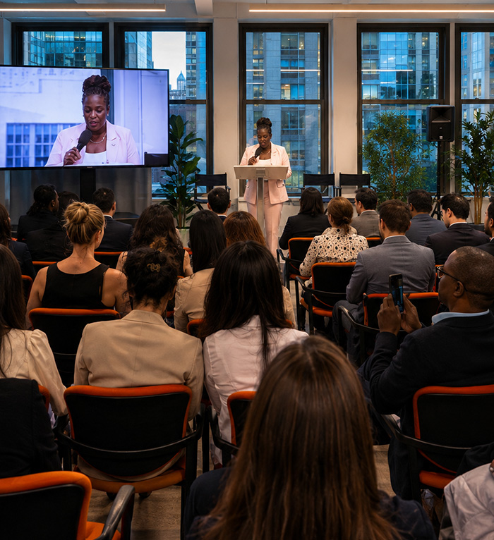 Speaker addressing an audience during the 2026 GCTF hybrid seminar in New York