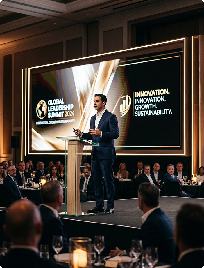 Corporate conference production with speaker and large presentation screen