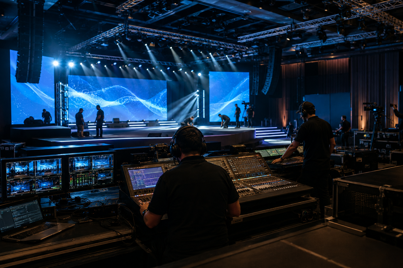 Live event broadcast production with technical crew, control consoles, stage lighting, and LED video walls