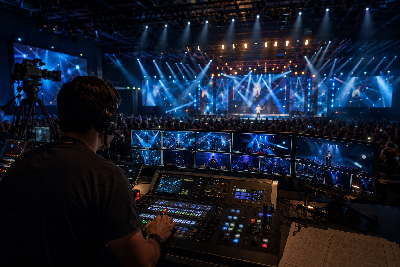 Event technical production with live video control, stage lighting, and concert production crew