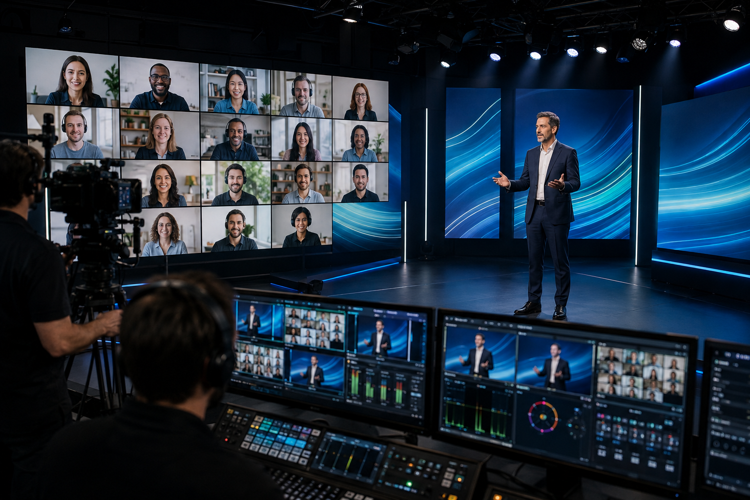 Hybrid event production connecting an on-site presenter with remote participants