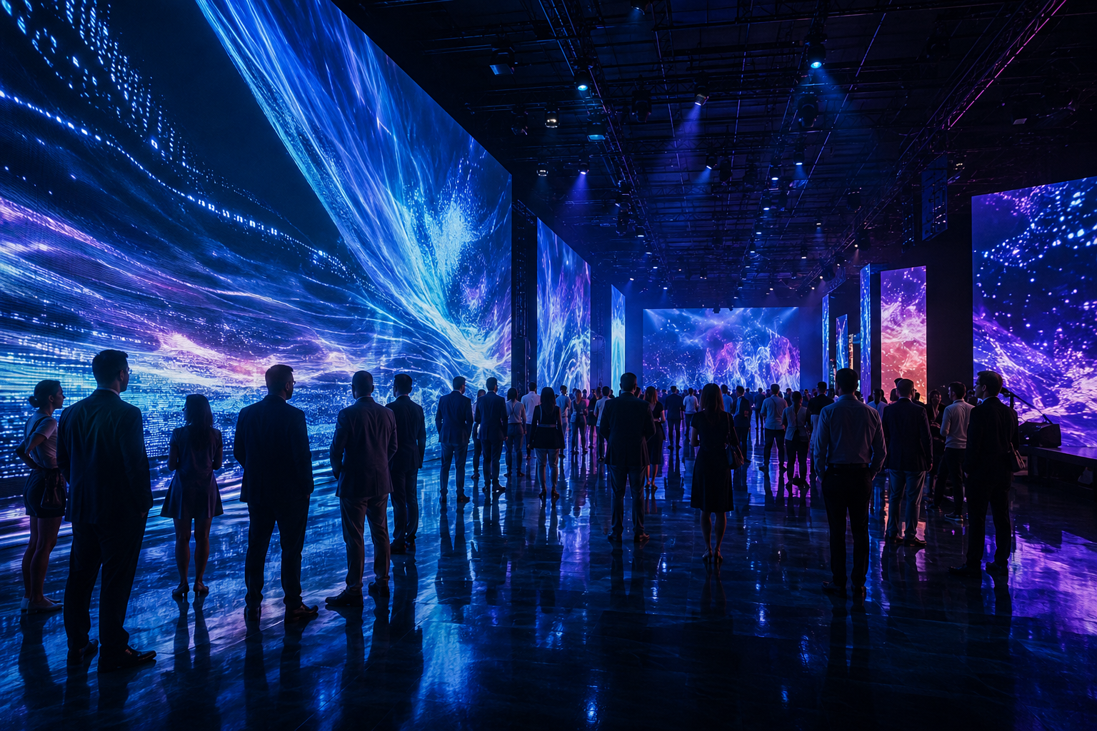 Immersive LED wall environment with large-scale digital visuals and event attendees