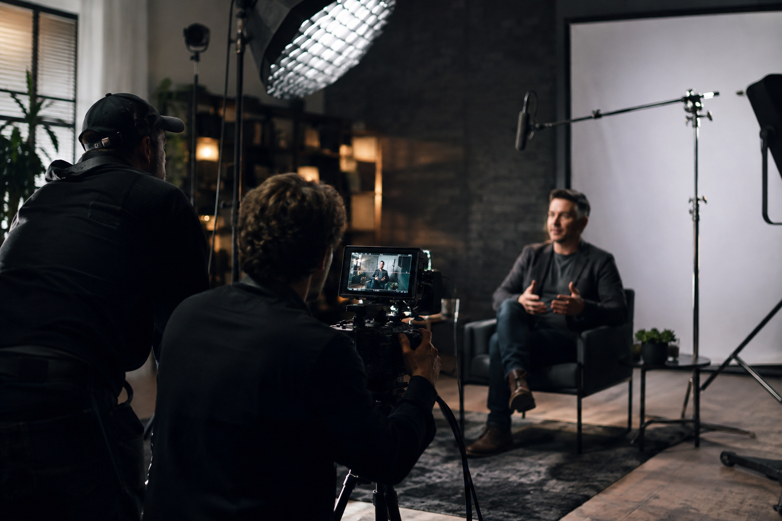 Professional corporate video production with camera, lighting, and production crew