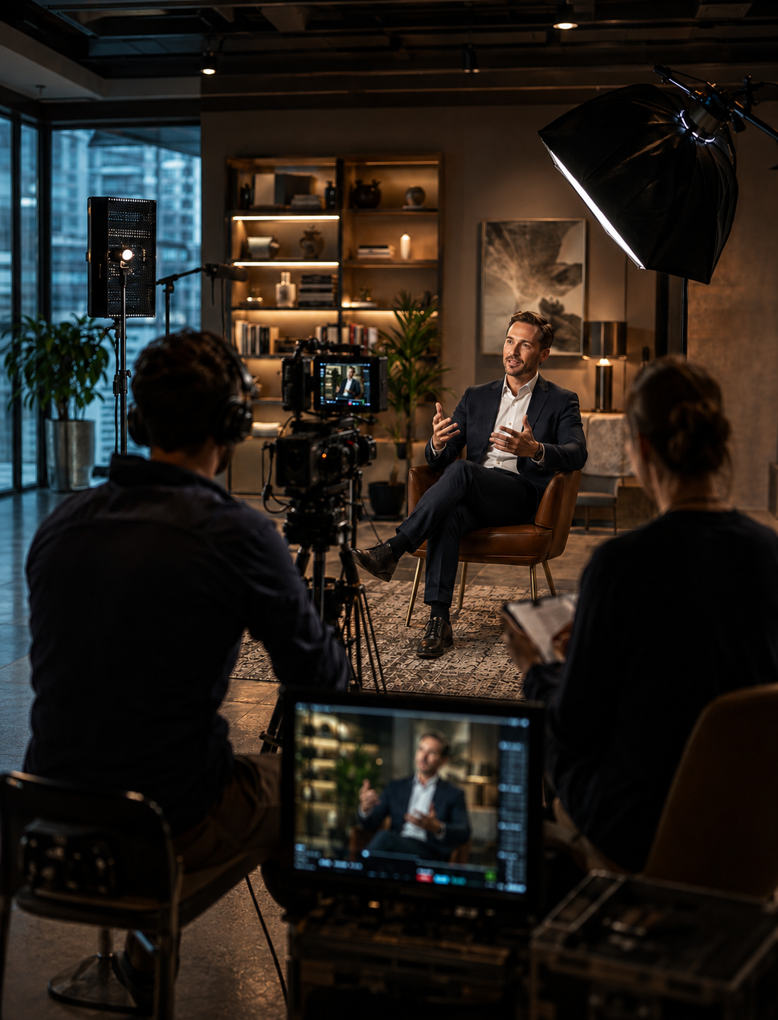 Corporate interview video production with professional camera and lighting crew