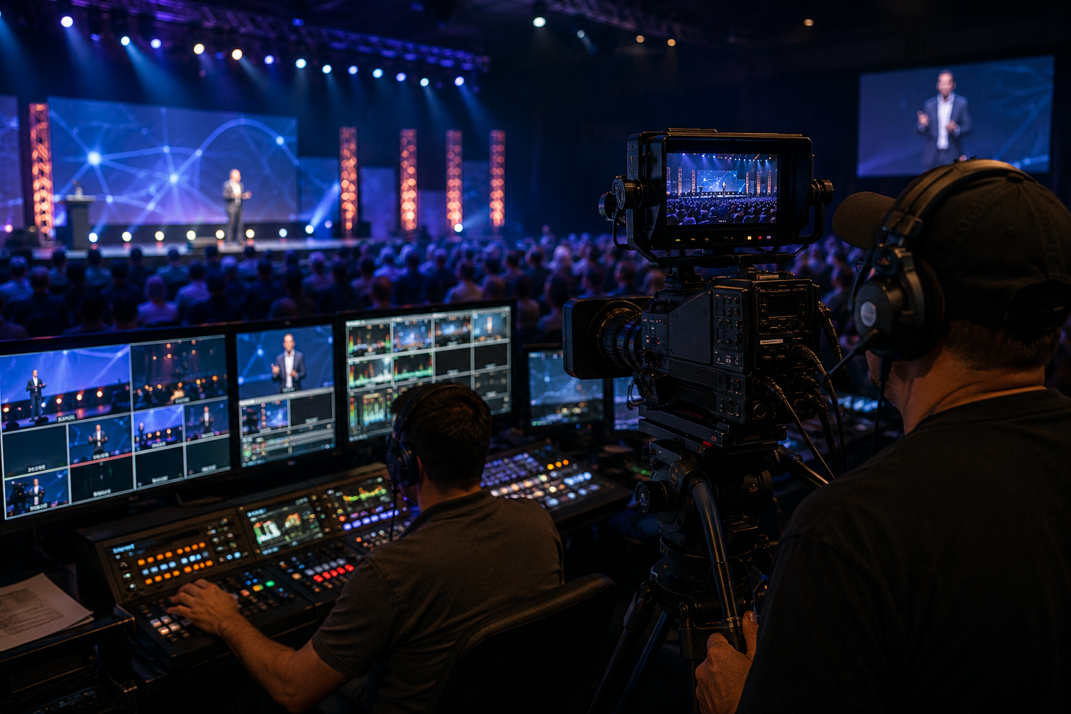 Live event content capture with professional camera crew, video switching, and same-day production workflow