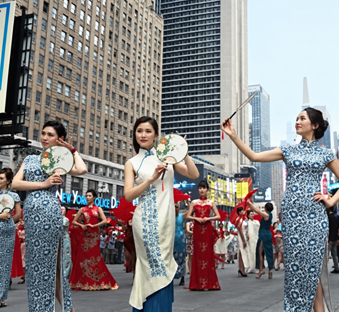Women wearing traditional qipao dresses performing in a Times Square parade