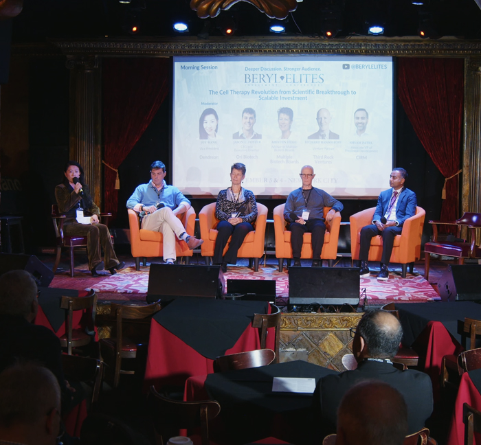 Five panelists speaking onstage during the 2025 Beryl Elites conference