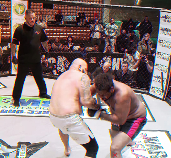 Two fighters competing inside the cage during an Extreme Cage Fighting event